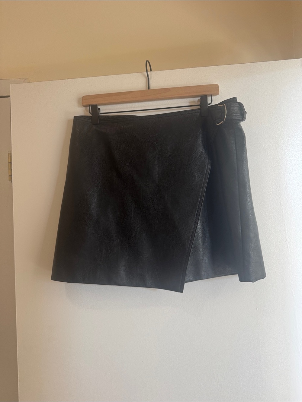 H&M Black Faux Leather Wrap Mini Skirt with Buckle Detail